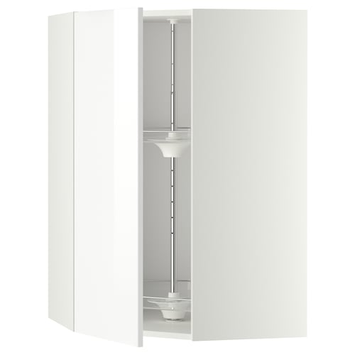 White high-gloss kitchen cabinet with glass carousel, modern and sleek design.