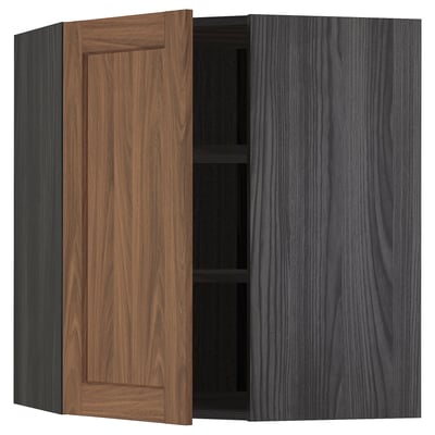 METOD Corner wall cabinet with shelves, black Enköping/brown walnut effect, 68x80 cm