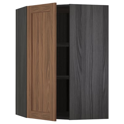 METOD Corner wall cabinet with shelves, black Enköping/brown walnut effect, 68x100 cm