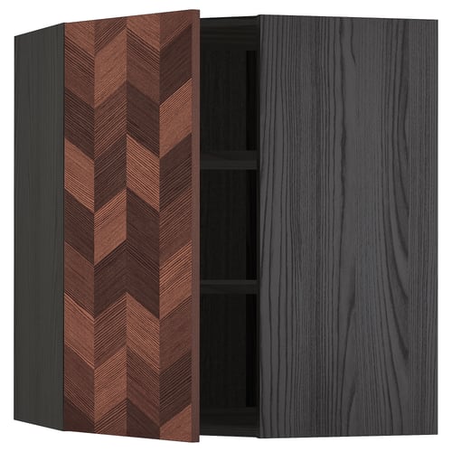 Image shows METOD kitchen corner cabinet with dark herringbone patterned door, open to reveal inner shelf, grey.