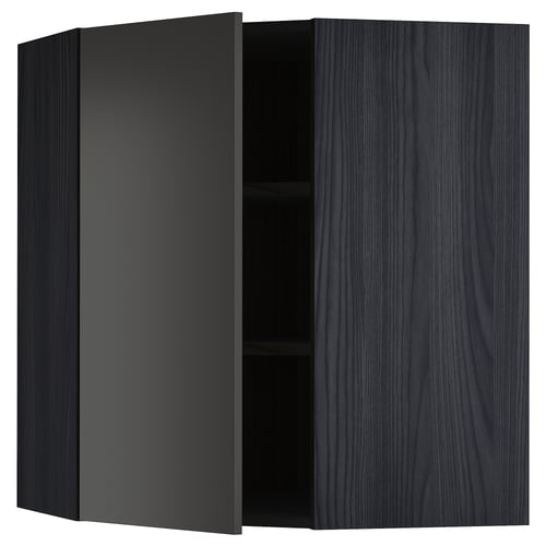 Ikea METOD wall cabinet in dark gray. Rectangle shape with one open door showing a shelve inside. Modern and sleek design.