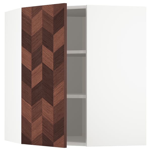 The METOD kitchen corner cabinet a brown herringbone-patterned veneer door, adjustable shelves, and a sturdy particleboard frame.