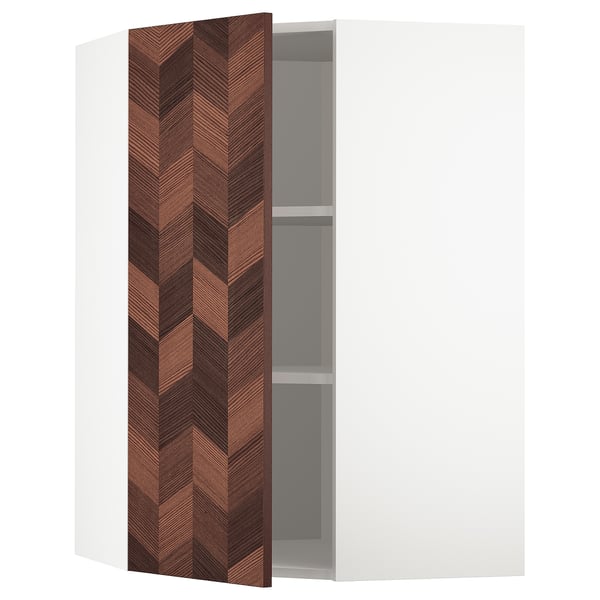 Open white corner cabinet with brown patterned door.
