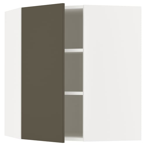 A dark brown METOD kitchen cabinet with an open door revealing shelves.