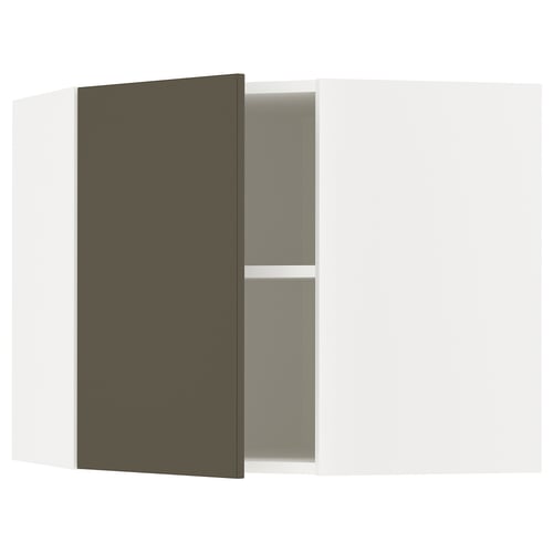 A dark brown cabinet with a beige interior from the METOD kitchen system. Its a wall-mounted corner unit with one adjustable shelf.