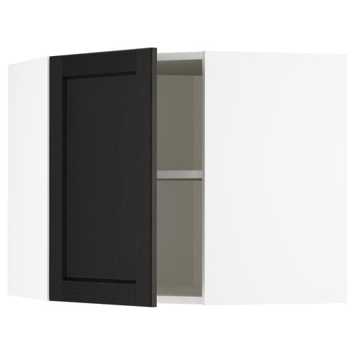 Wall-mounted black-stained kitchen cabinet with bevelled door and adjustable shelf.