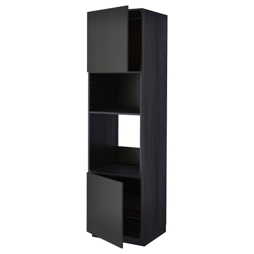 METOD kitchen unit, black, modern, rectangular, with adjustable shelves and open doors.