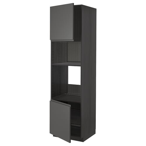 Black METOD kitchen unit, modern, tall & slim with dark grey doors. Open shelving, adjustable shelves, and a sleek, minimalist design.