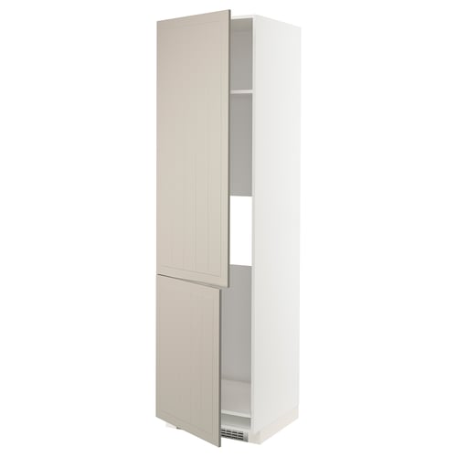 A beige METOD cabinet with two adjustable shelves and a door mounted on the left side. All items must fit within 150 characters.