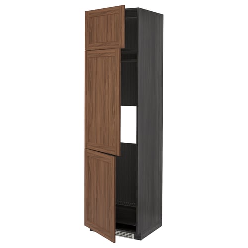 High dark wood METOD cabinet with three shelves for fridge/oven.