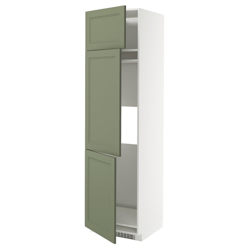 METOD kitchen cabinet in gray-green with open door, featuring adjustable shelves and ventilated design.