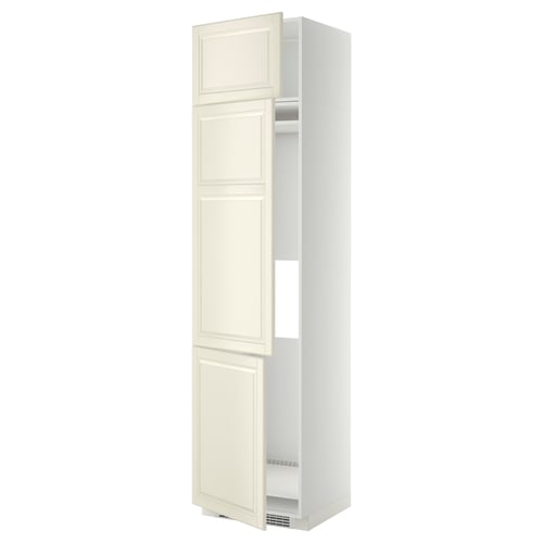 A tall, off-white kitchen cabinet with a classic bevelled design, featuring three shelves and two doors.