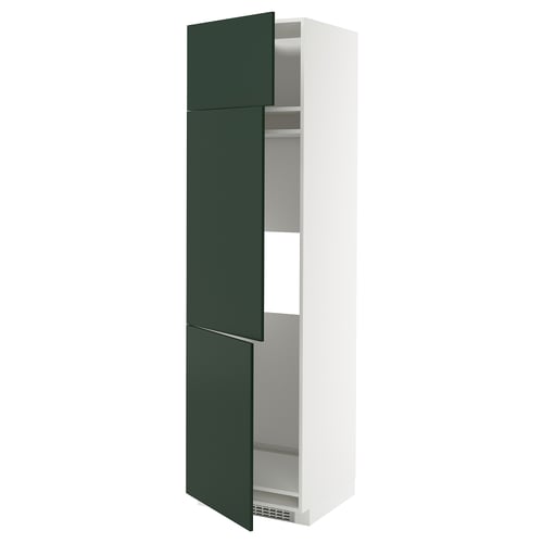 METOD tall green cabinet with open door, white frame, adjustable shelves.