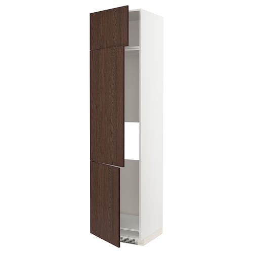 METOD kitchen cabinet, tall, white frame, dark brown wooden doors, adjustable shelves.