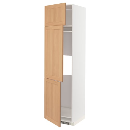 Light oak ikea METOD kitchen cabinet with tall white interior shelves, modern design.