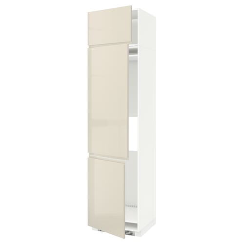 METOD kitchen cabinet with glossy beige doors and integrated handles.