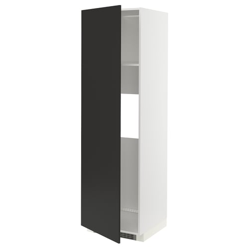 A white METOD kitchen cabinet with a black door, featuring a sleek and modern design. It has a single adjustable shelf inside and snap-on hinges.