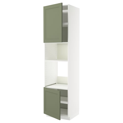Vertical kitchen unit, white & green, modern design with open doors.