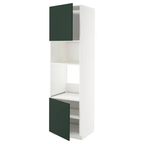 Tall white cabinet with green doors, adjustable shelves.
