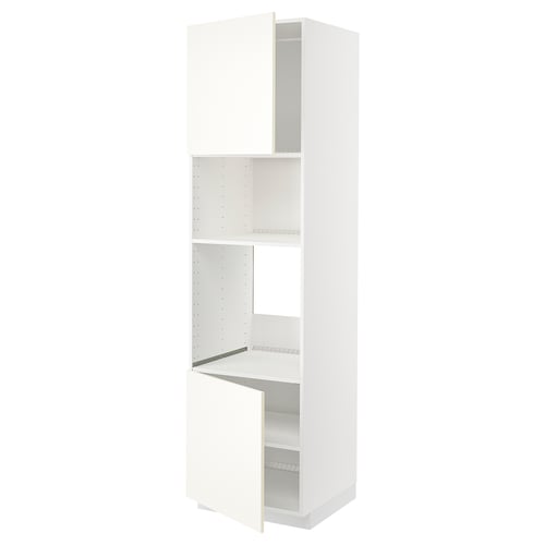 A white ikea METOD tall kitchen unit with adjustable shelves and open doors.