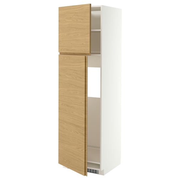 METOD High cabinet for fridge w 2 doors, white/VOXTORP oak effect vertical handle, 60x60x200 cm