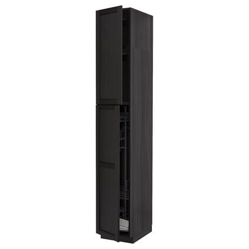 Black wood cabinet with two doors and metal hinges.