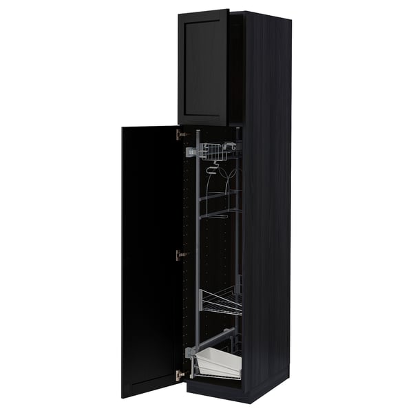 Black METOD kitchen cabinet with pull-out organisers and metallic interior.