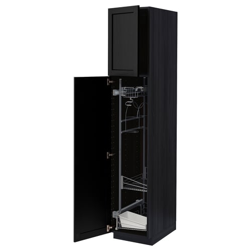 Black METOD kitchen cabinet with pull-out organisers and metallic interior.