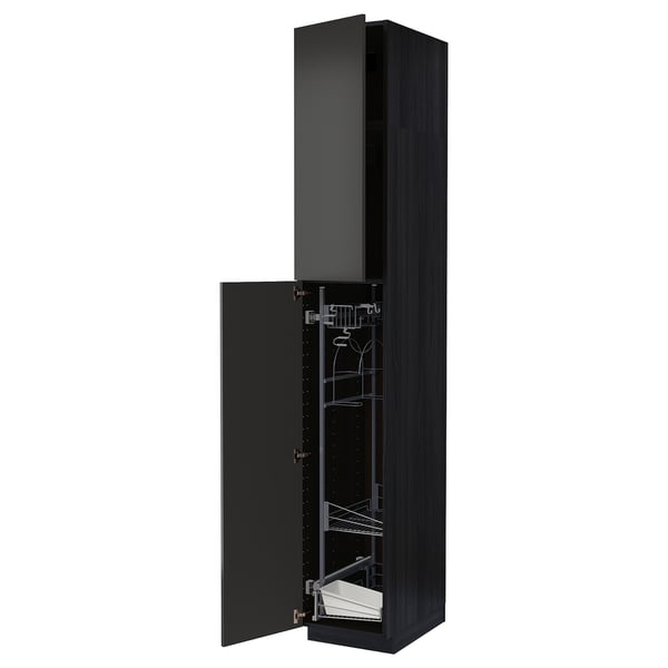 A black METOD tall kitchen cabinet with open doors, revealing internal storage.