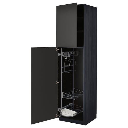 Black METOD kitchen cabinet with open door revealing shelves and storage.