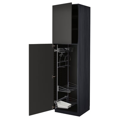 Black METOD kitchen cabinet with open door revealing shelves and storage.
