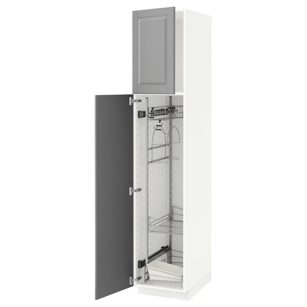 An open white METOD cabinet with grey door, showcasing its interior shelves and organisers.