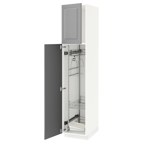 An open white METOD cabinet with grey door, showcasing its interior shelves and organisers.
