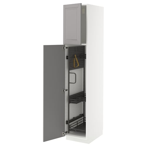 A white METOD kitchen cabinet with grey bodbyn doors, featuring pull-out organisers and sturdy frame construction.