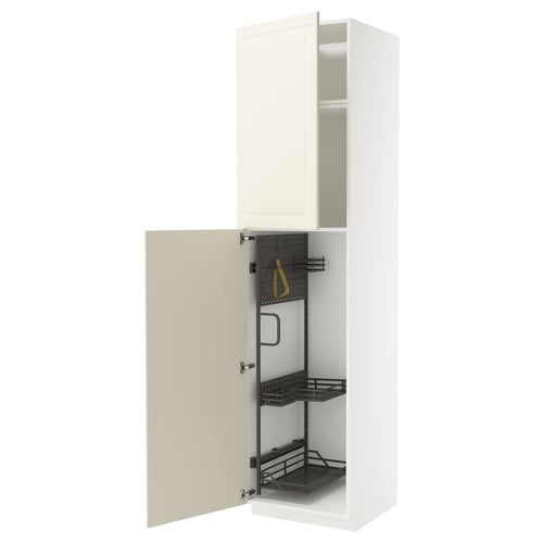 METOD off-white kitchen cabinet with pull-out organisers and bevelled edges.
