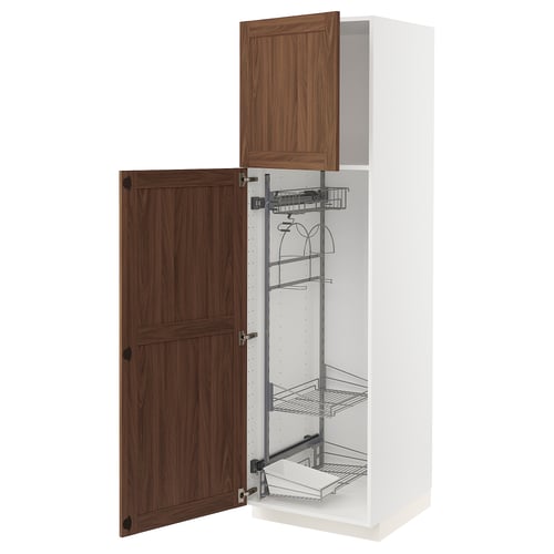 METOD tall white cabinet, wooden door open, wire shelves, wall-mounted.