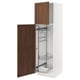 METOD tall white cabinet, wooden door open, wire shelves, wall-mounted.