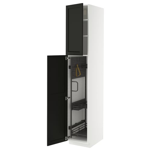 METOD kitchen cabinet: white, tall, with black stained ash doors, featuring pull-out organisers for storage.