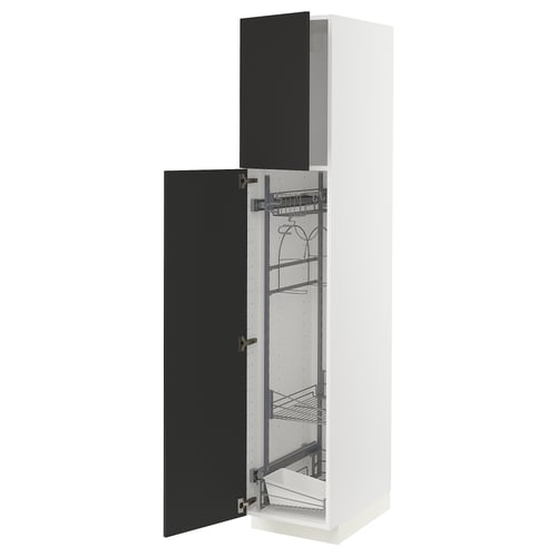 White METOD cabinet with black doors, metal shelves.