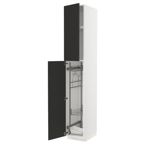 Black and white METOD tall cabinet with pull-out shelves.