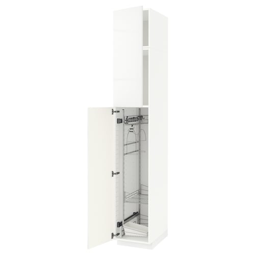 A white, tall, modern METOD kitchen cabinet with a sleek design and multiple pull-out organisers for storage.