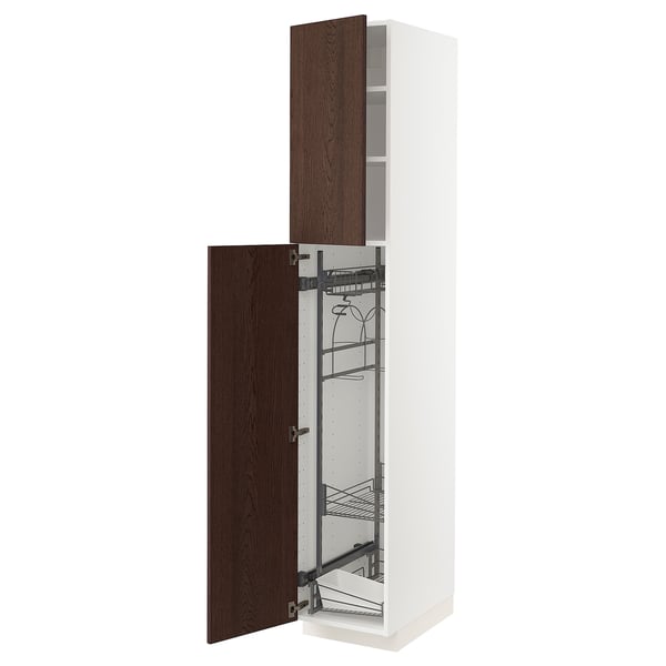 This image shows an open white METOD kitchen cabinet with dark brown sinarp wood-trimmed doors.