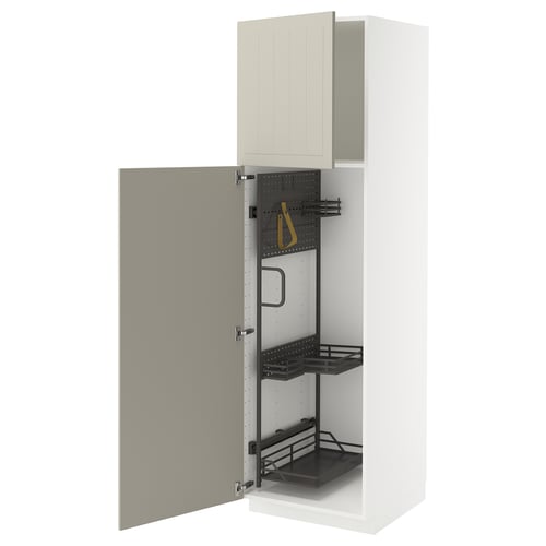 A white and beige METOD kitchen cabinet with open doors revealing storage organisers.