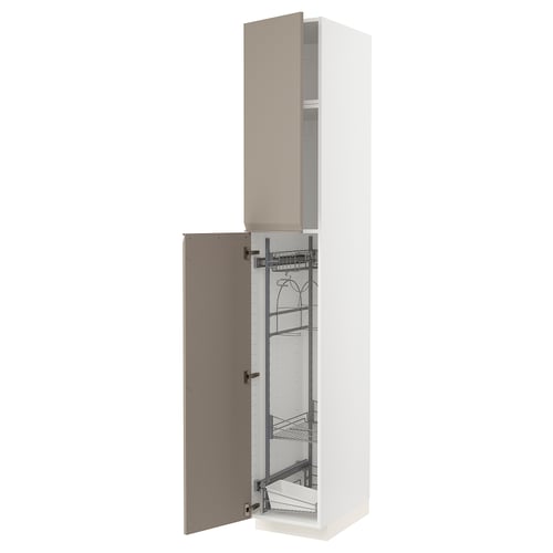 White METOD cabinet with grey-beige door, pull-out shelves, integrated handles.