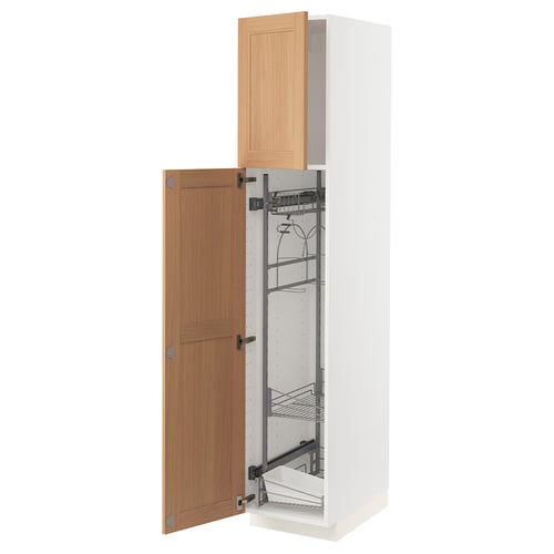 A white METOD cabinet with wooden doors, one open revealing wire shelves.