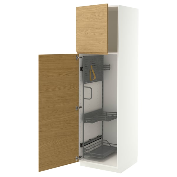 METOD High cabinet with cleaning interior, white/VOXTORP oak effect vertical handle, 60x60x200 cm