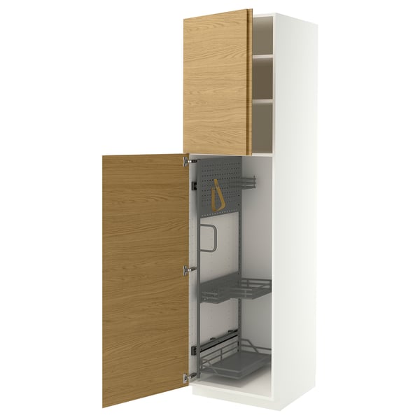 METOD High cabinet with cleaning interior, white/VOXTORP oak effect vertical handle, 60x60x220 cm