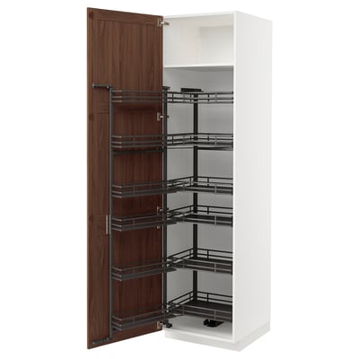 METOD High cabinet with pull-out larder, white Enköping/brown walnut effect, 60x60x220 cm