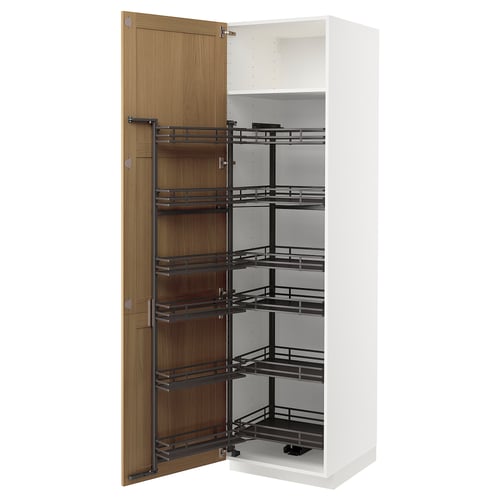 A white kitchen cabinet with wooden door and black pull-out shelves.
