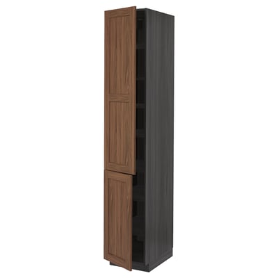 METOD High cabinet with shelves/2 doors, black Enköping/brown walnut effect, 40x60x220 cm